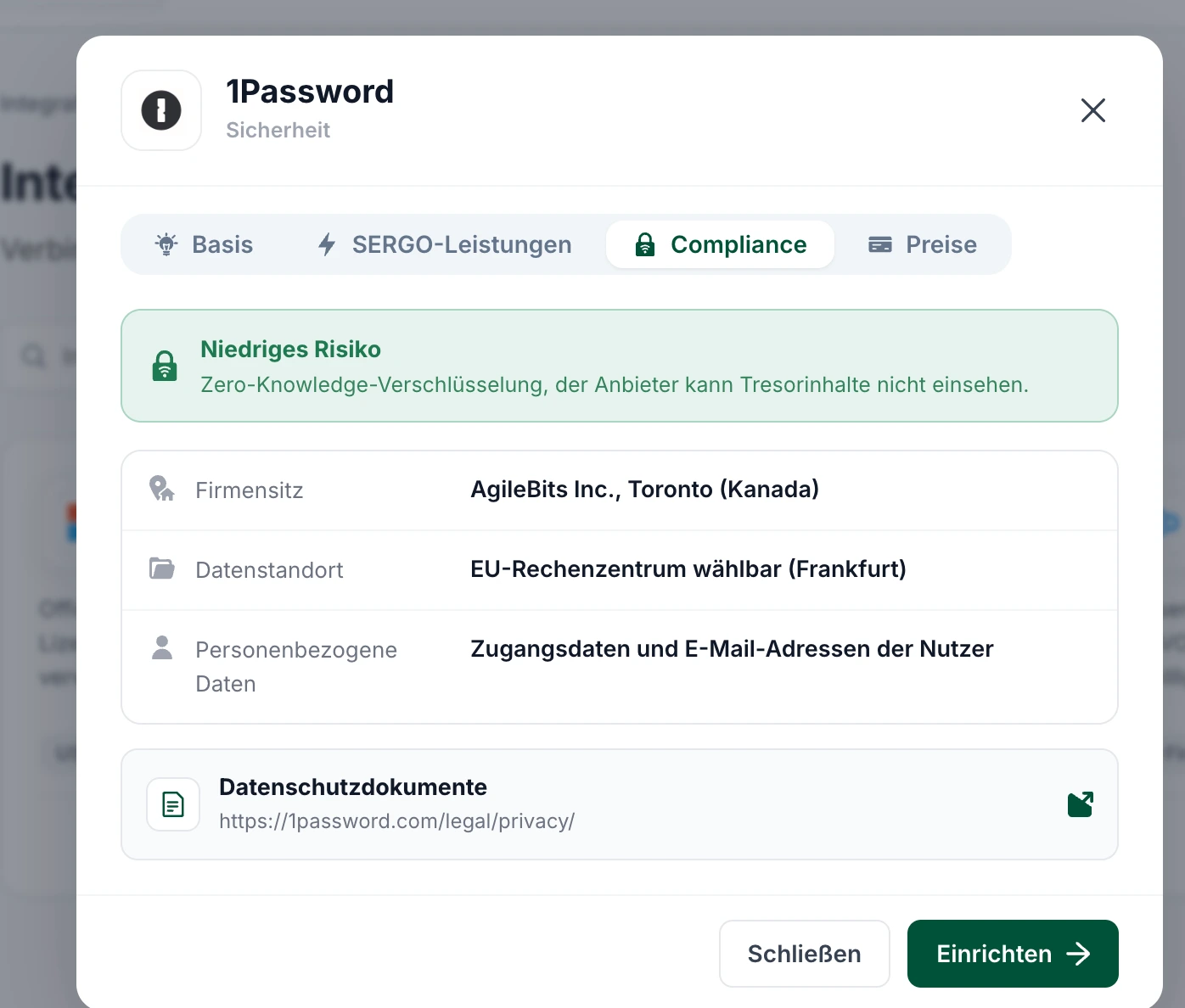 SERGO Portal – Detailblatt zu 1Password mit Risiko-Einstufung, Firmensitz, Datenstandort und personenbezogenen Daten